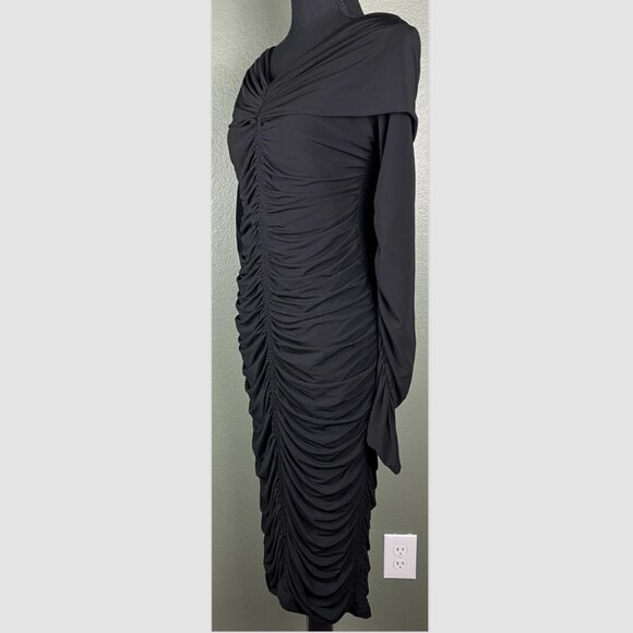 A.L.C. Dress Off Shoulder Sz L Black Ruched Stretch Jersey Midi NWT - Picture 3 of 6